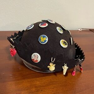 Jughead beanie with vintage charms and metal buttons. 1940’s